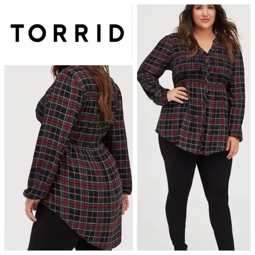 Torrid Twill Smocked Plaid Tunic Shirt Top Sz 4 4X 26 28 Red Green Black CHIC